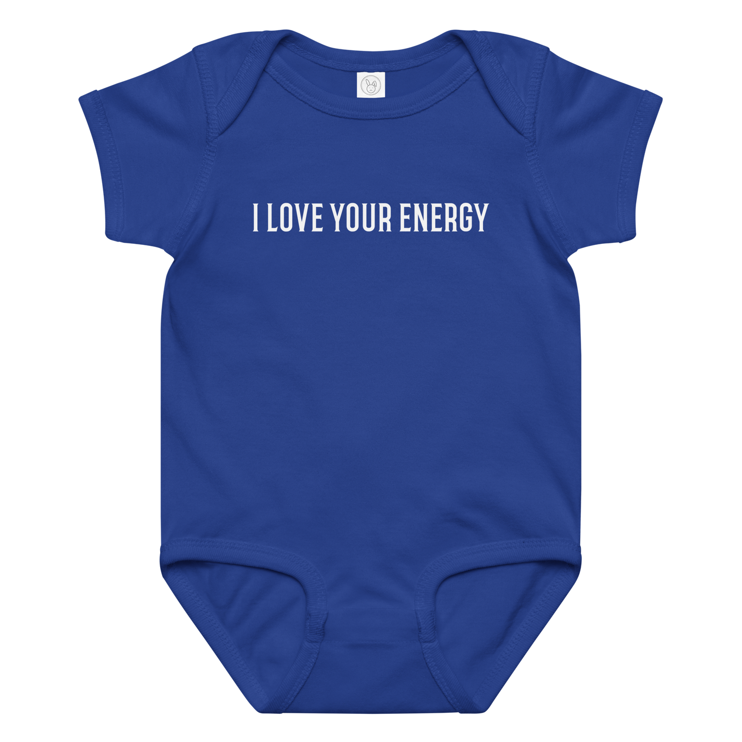 "I love your energy" printed on a royal baby jersey bodysuit laying on a flat surface amongst other clothes
