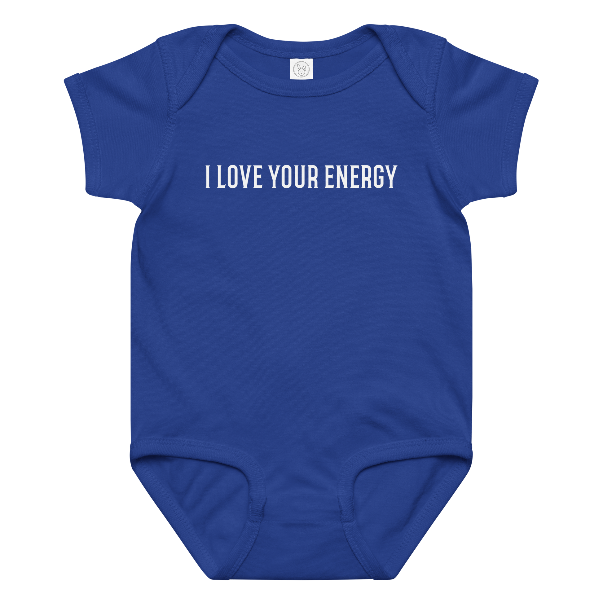 "I love your energy" printed on a royal baby jersey bodysuit laying on a flat surface amongst other clothes